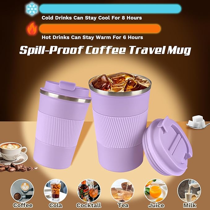 Vacuum-Insulated Stainless Steel Travel Coffee Mug, Leak-Proof Reusable Coffee Cup with Lid - Keep Hot & Cold Drinks for Hours, Durable Thermos Tumbler for Men & Women (3rd-Purple, 12OZ)