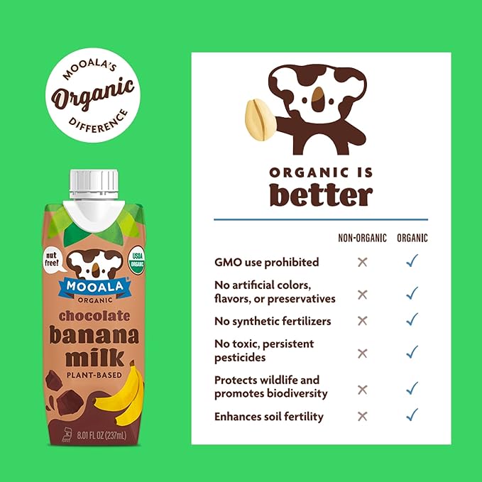 Mooala - Organic Chocolate Bananamilk, Lunchbox Friendly, Shelf-Stable, Non-Dairy, Nut-Free, Plant-Based Beverage, On the Go 12 Pack