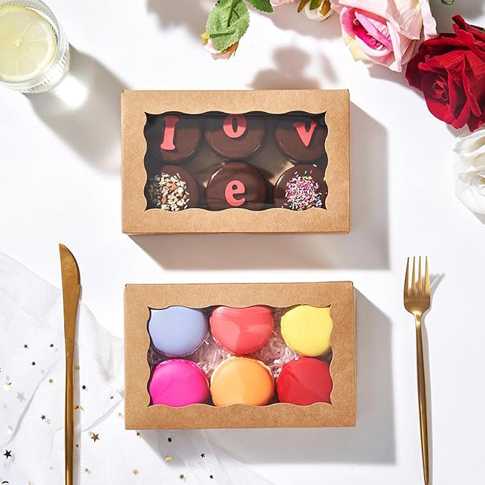 50pcs 7x4.33x1.5 Inch Brown Cookies Boxes with Window Bakery Boxes Cake Pop Boxes Chocolate Macaron Boxes Cakesickle Boxes Treat Boxes for Christmas Valentine's Father's Mother's Day