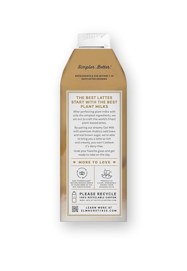 Elmhurst 1925 Brown Sugar Oat Milk Latte – Plant-Based, Vegan, Dairy-Free Latte Made of Whole Grain Oats, Cold Brew Premium Arabica with 95mg Caffeine & Real Brown Sugar – 25.4oz (Pack of 6)