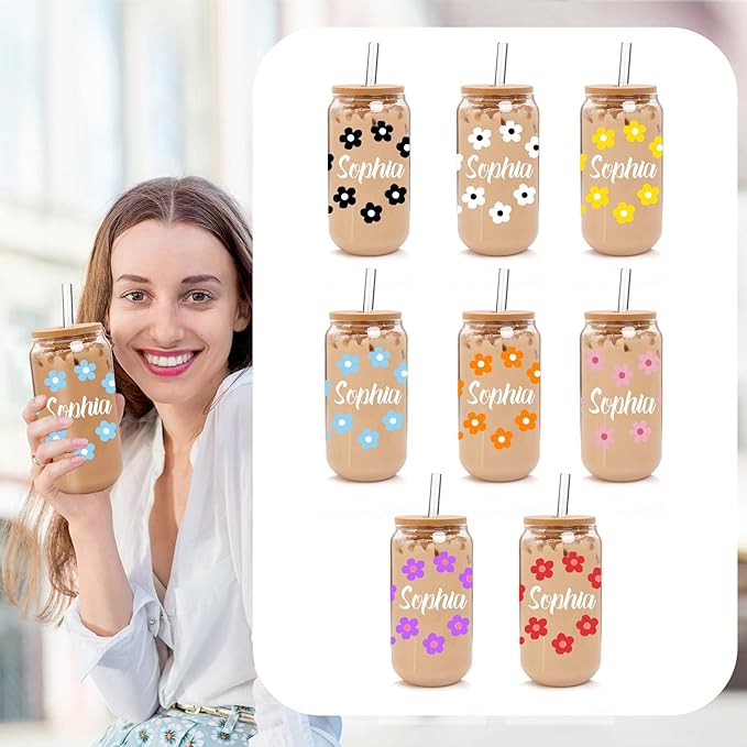 Personalized Glass Cup with Names-Custom Cup Can Shaped Glass with Lids and Straws18OZ Iced Coffee Cups-Gifts for Mothers Day Women Friend (Flower-name)