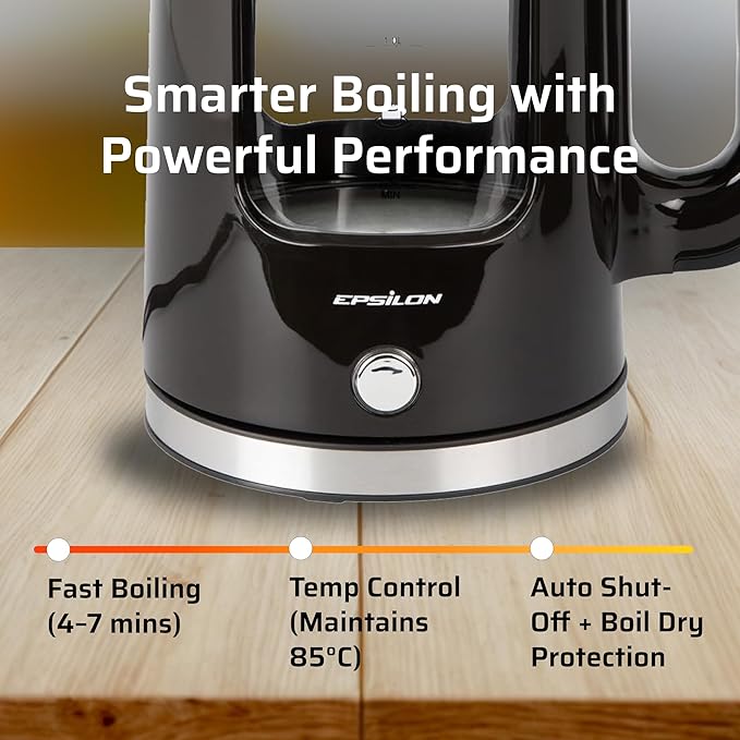 Epsilon 1.7L Glass Electric Kettle – Hot Water Tea Kettle with LED Light, Stainless Steel & Borosilicate Glass, Auto Shut-Off, BPA-Free Electric Teapot, 1500W Fast Boil, Cool Touch