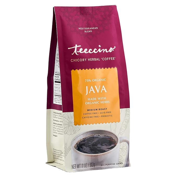 Teeccino Java Chicory Coffee Alternative - Ground Herbal Coffee That’s Prebiotic, Caffeine Free & Acid Free, Medium Roast, 11 Ounce (Pack of 6)