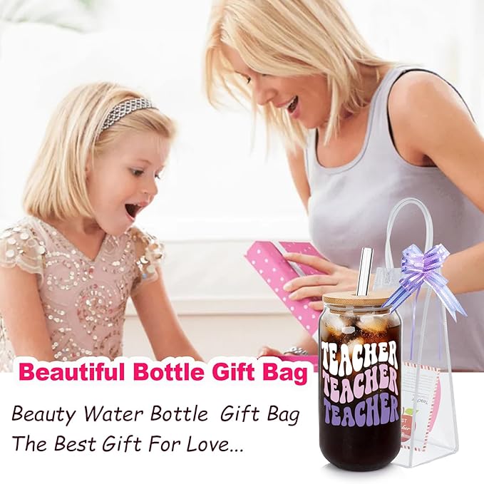 Teacher Appreciation Gifts - 4Pack End of Year Teacher Gifts for Women Men, 18oz Teachers Glass Cup with Bamboo Lid and Straw Glass Coffee Cups Unique Thank You Teachers Tumbler Mug Gift from Students