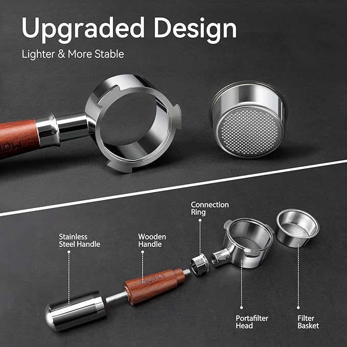 54mm Bottomless Portafilter for Breville Espresso Machines, 3 Ears Espresso Portafilter with Puck Screen,Double Shot Filter Basket & Premium Walnutwood Handle, Espresso Accessories Set.