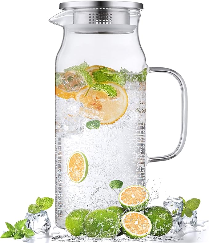 2 Liter 68 oz Glass Pitcher with Lid and Spout, Bivvclaz Glass Carafe for Hot/Cold Water, Large Iced Tea Pitcher for Coffee, Juice and Homemade Beverage