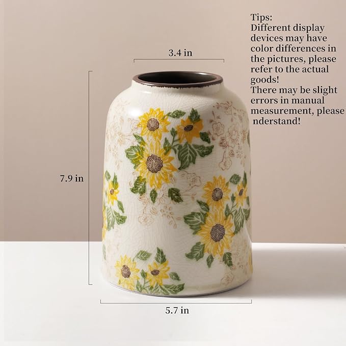 Vintage Ceramic Vase, 7.9 Inch Chinoiserie Sunflower Yellow Floral Vases, Retro Ice Cracked Rustic Antique Flower Vases for Modern Coffee Table Home Decor (Medium Cylinder)