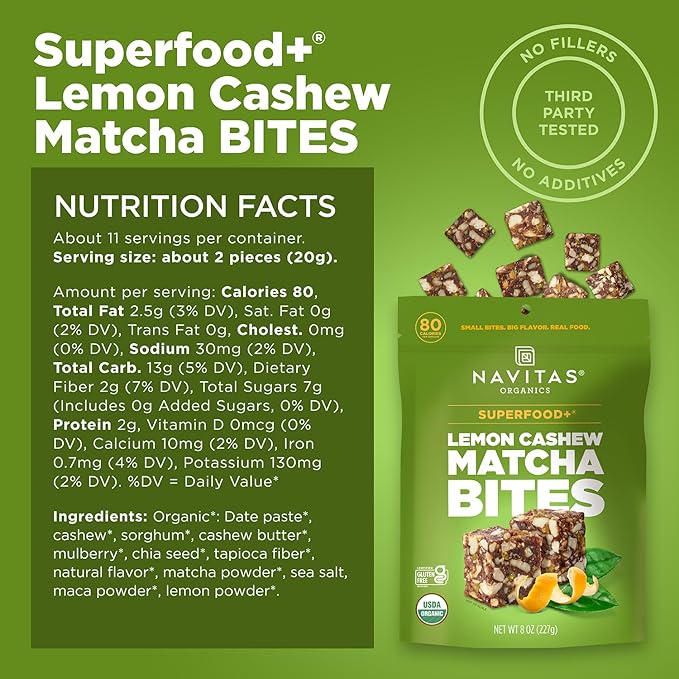 Navitas Organics Lemon Matcha Cashew Superfood+ BITES – Power Snacks – All Natural Plant Based – Clean Energy & Nutrition – USDA Organic, Non GMO, Gluten Free, Soy Free, Vegan (8oz. Bag 11 Servings)