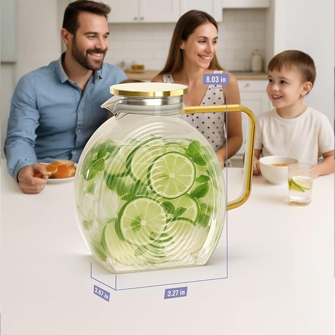 Glass Pitcher With Lid, 2 Liter 68 oz Glass Water Pitchers With handle and lid, 0.528 Gallon Tea Pitcher For Fridge, Carafe Jug Jar For Hot/Cold Water Iced Tea Juice Coffee Milk Beverage