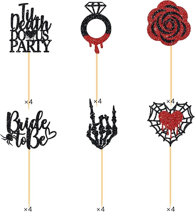 Halloween Bachelorette Cupcake Topper Bride To Be Ring Skeleton Hand Heart Blood Glitter Food Picks Horror Ghost Engagement Party Decoration Red