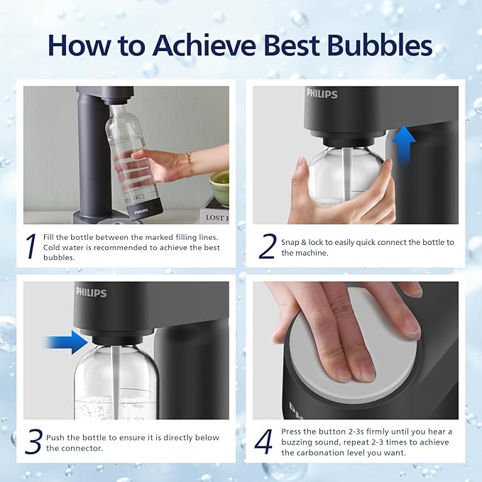 PHILIPS Sparkling Water Maker Soda Maker Soda Streaming Machine Quick Twist for Easy Install, 1L Carbonating Bottle, Soda Water Maker, Compatible with 60L CO2 Carbonator(NOT Included), ADD4901BKOQ/37