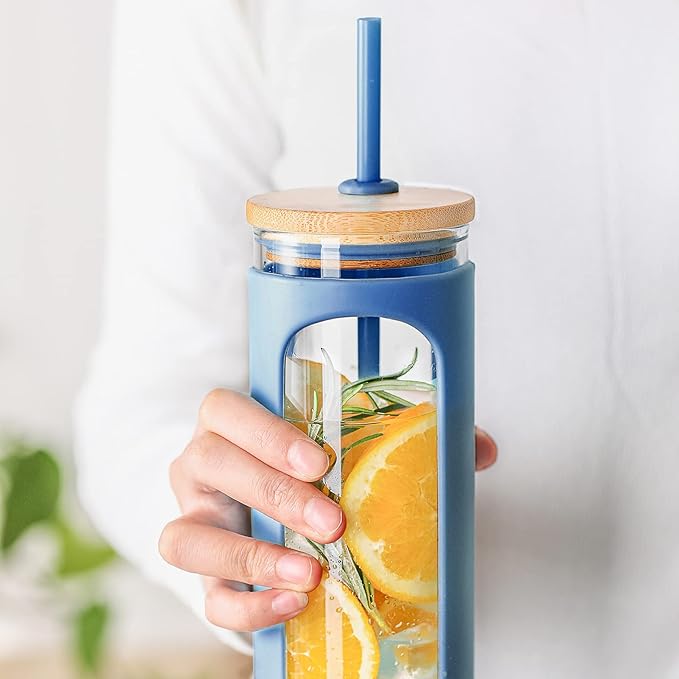 Kodrine 20oz Glass Tumbler with Straw and Lid, Iced Coffee Cups with Bamboo Lids, Glass Cups for Cold Drinks, Smoothie Cup with Silicone Sleeve for Travel, Work, BPA FREE-DodgerBlue