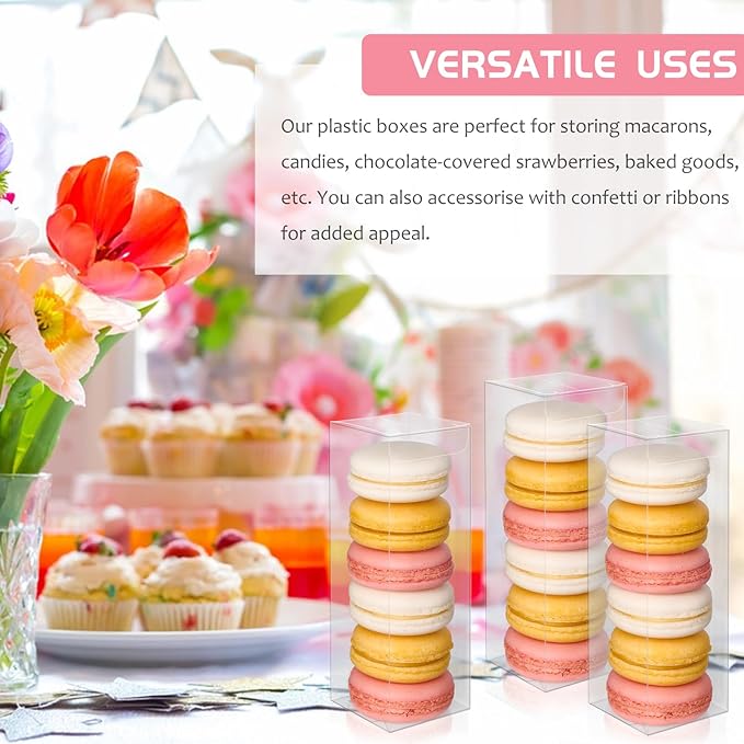 Jutieuo 30 Pack Clear Favor Boxes for Treats, 2x2x6 Inch Plastic Rectangle Gift Boxes Transparent Macaron Box for Wedding, Baby Shower, Birthday, Retail