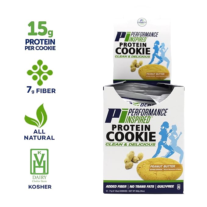 Performance Inspired Nutrition Protein Cookie - Contains: BIG 15G Isolate Proteins - 7G Of Fiber - All Natural - Gluten Free - No Artificial Ingredients - Peanut Butter Flavor - 12 Count