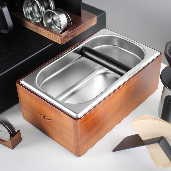 Knock Box Espresso, Coffee knockbox with Rubber Knock Bar and Anti-slip Pad, Commercial Use Large Capacity, Stainless Steel and Wooden, Espresso Accessory