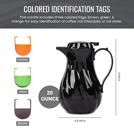 OCS Parts Easy Pour Thermal Coffee Carafe | 8-Inch Insulated Hot and Cold Beverage Pitcher Server for Coffee, Tea, Hot Chocolate and Water with Colored Tags for Easy Idenfication | 20-Ounce | Black