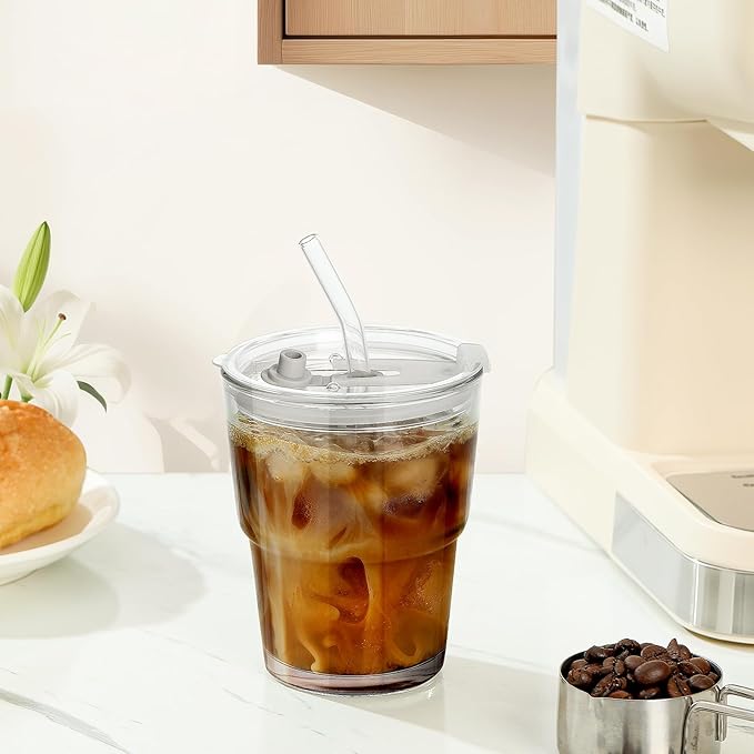 4 Pack 13 Oz Glass Cups with Lids and Straws Glass Iced Coffee Cups with Lids Vintage Glass Tumbler for Beer Ice Coffee Fruit Juice Elegant Aesthetic Cup Glassware Include 1 Cleaning Brushes