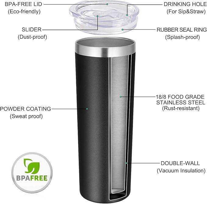 VEGOND Stainless Steel Skinny Tumbler, 20 oz Vacuum Insulated Tumbler with Lid and Straw, Double Wall Coffee Cup, Travel Mug for Cold Hot Drinks, Black 1 Pack
