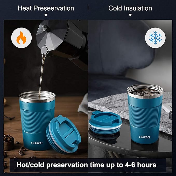 Travel Coffee Mug Spill Proof Leakproof 12 oz Insulated Coffee Mug with Screw Lid, Stainless Steel Vacuum Tumbler Reusable Thermal Coffee Cup to go for Hot and Cold Drinks -380ml,Blue