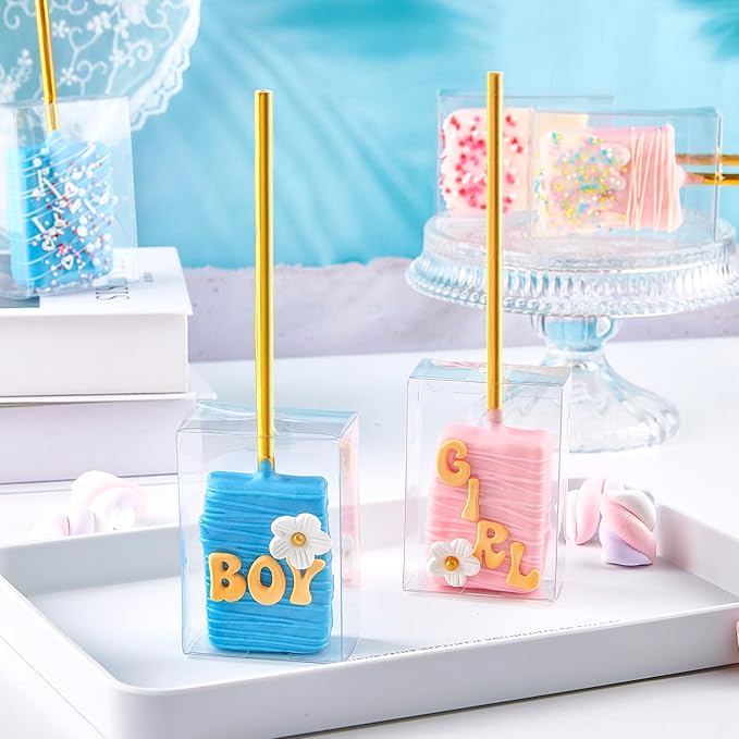 Jutieuo 45 PCS 3.5x2.4x1.38 Inches Clear Rice Krispie Treat Boxes with Hole Individual Cakesicle Boxes Transparent PET Plastic Candy Macaron Boxes Baby Shower Party Favors Boxes