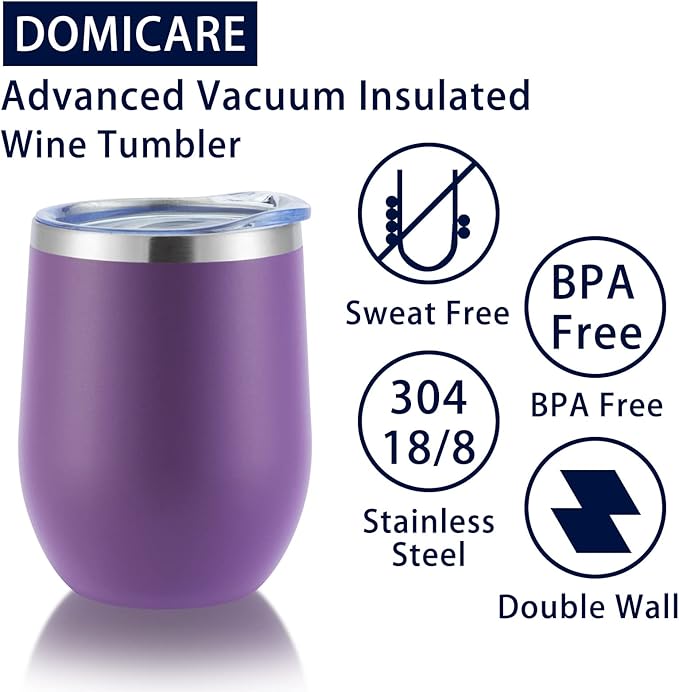 DOMICARE Stainless Steel Wine Tumbler Bulk with Lid, Personalized Insulated Tumblers Set, 12oz Travel Coffee Cups Pack of 8, Purple