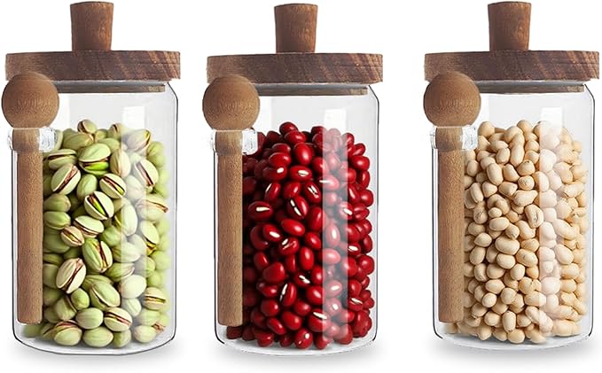 Set of 3 Glass Jars Containers with Wooden Handles Lids and Scoop Clear Canister Jars Set with Spoon for Kitchen Food Storage Coffee Tea Sugar Decorative Countertop Organization Jars 25 oz