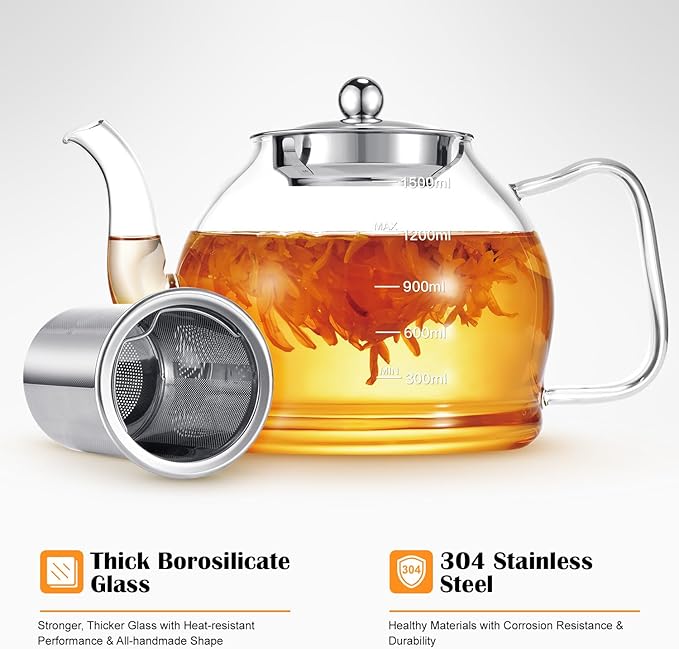 STNTUS Glass Teapot, 52 oz / 1500 ml for Loose Tea, Teapot with Infusers for Loose Tea, Stainless Steel Strainer, Tea Pot for Stove,