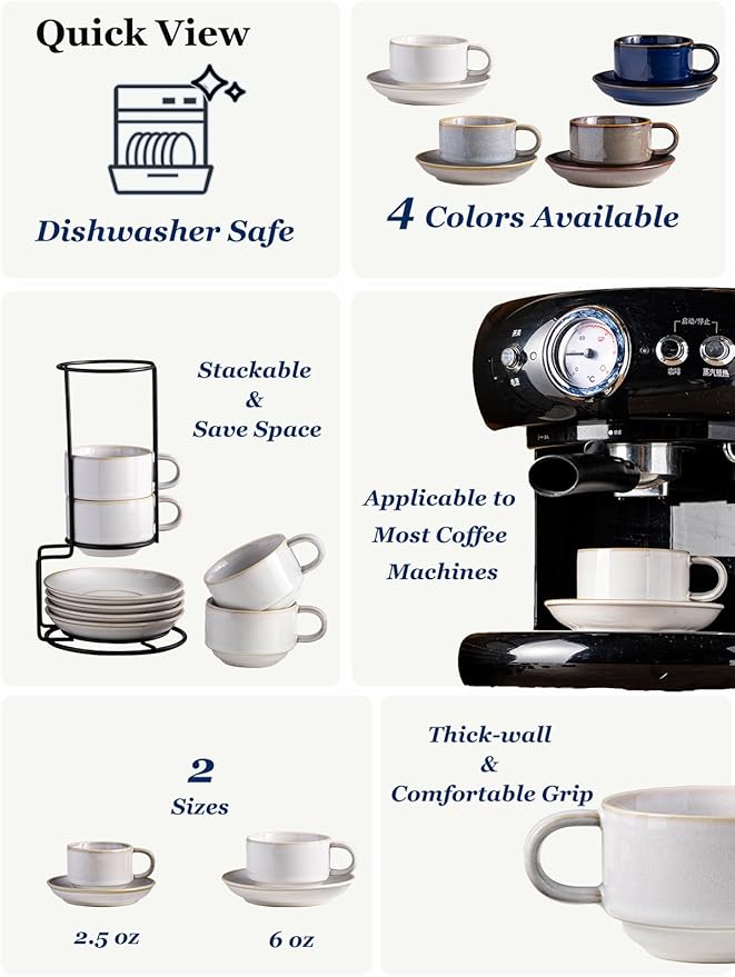 Gomakren 6 Ounce Cappuccino Cups with Saucers and Metal Stand, Stackable Coffee Cup Set of 4, Porcelain Espresso Cups for Coffee Drinks, Cappuccino, Latte, Americano, Tea, White