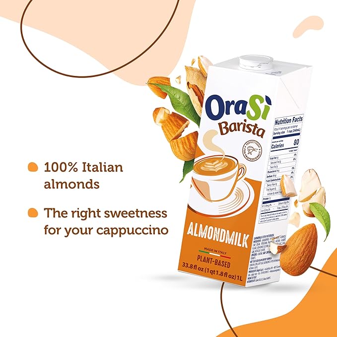 OraSì Almond Milk Barista | High-Foaming Plant-Based Almond Milk for Coffee, Latte Art & Italian-Style Cappuccino | Dairy-Free, Gluten-Free, Non-GMO | 1 L (33.8 fl oz) Carton