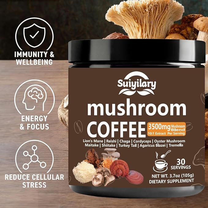 10 Mushroom Coffee with Arabica w, Lion's Mane, Reishi, Mushroom Polysaccharides & More, 3500mg(10:1) Extract Instant Mushrooms Powder for Focus, Immunity Boost