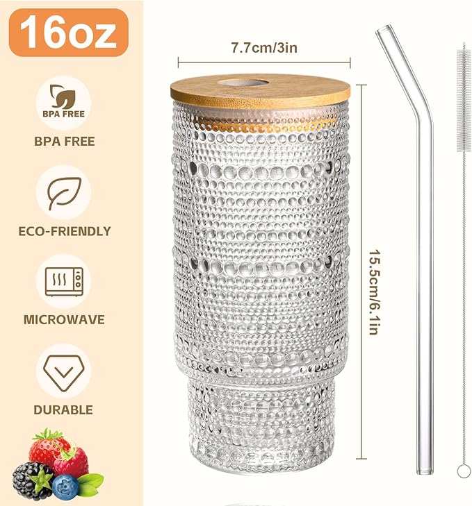 16OZ Glass Tumbler with Straw and Lid,Glass Cups with Lids and Straws,Ribbed Iced Coffee Cups Vintage Embossed Glassware for Juice Whiskey Cocktail Beer(2Pack)