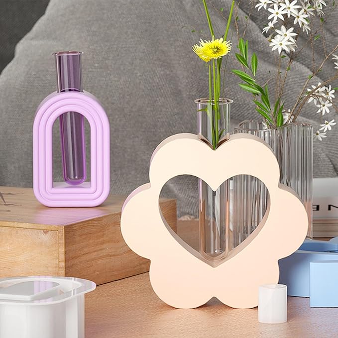 Heart Resin Vase Mold with Test Tube Culture Water Plant Silicone Molds for Crafts Epoxy Resin Casting Mold for DIY Flower Holder Home Office Decor Wedding (Style 1)