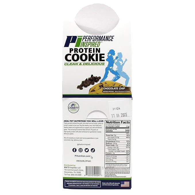 Performance Inspired Nutrition Protein Cookie - Contains: BIG 14G Isolate Proteins - 6G Of Fiber - All Natural - Gluten Free - No Artificial Ingredients - Chocolate Chip Flavor - 12 Count