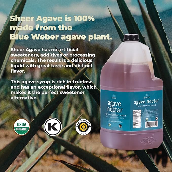 Sustainable Agave Co - Sheer - Agave Nectar - 1 Gallon Bottle (5kg) - Raw Sweetener, Sugar-Alternative, Vegan, Non-GMO, Kosher, Gluten-Free Syrup - Bartender's Best Friend
