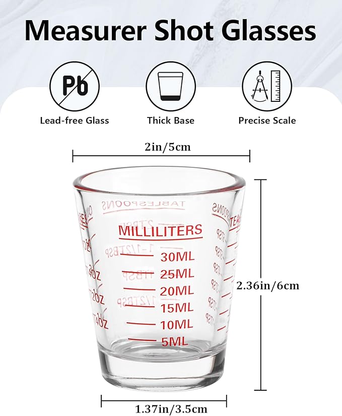 Shot Glasses Measuring Cup Set 2PACK Espresso Shot Glasses Liquid Heavy Glass 26-Incremental Measurement 1 OZ, 2 TBS, 6 TSP, 30 ML Kitchen Tools (Red)