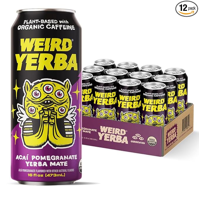 Drink Weird Organic Acai Pomegranate Yerba Mate – 16oz Cans, 160mg Organic Caffeine, Pack of 12 – Antioxidant-Rich Energy Drink Alternative