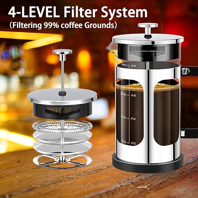 French Press Coffee Maker (34oz 1Quart 5-6Cup) Coffee Press, with 4 Filters System, Heat Resistant Thickness Borosilicate Glass, Cold Brew Coffee Tea Pot Gifts (Silvery)