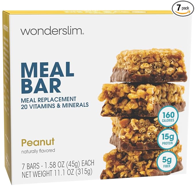 WonderSlim Meal Replacement Protein Bar, Peanut, 15g Protein, 20 Vitamins & Minerals, Gluten Free (7ct)