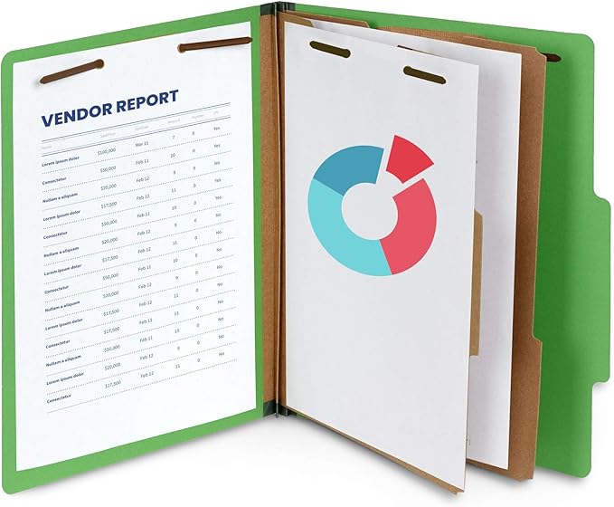 10 Green Classification Folders, 2 Divider, 2 Inch Tyvek expansions, Durable 2 Prongs Designed to Organize Standard Medical Files, Law Client Files, Office Reports, Letter Size, Green, 10 Pack