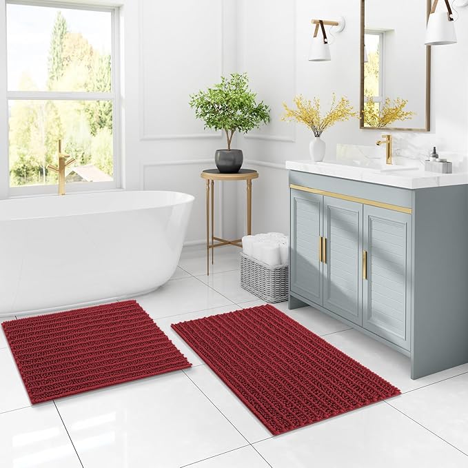 Arotive Luxury Chenille Bathroom Rug Mat, Extra Soft Thick Absorbent Shaggy Bath Rugs, Non-Slip Machine Wash Dry, Plush Bath Mats for Bathroom, Shower and Tub, 70x24, Red