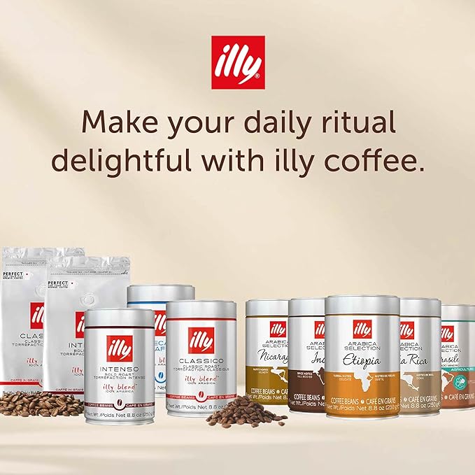 Illy Whole Bean Coffee, India Dark Roast - Notes of Black Pepper and Extra-Dark Chocolate - 100% Arabica - Whole Beans - Pressurized Packaging Sealed for Freshness - 8.8oz can (Pack of 6)