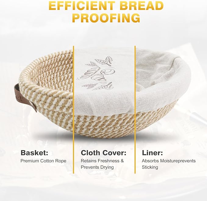 Banneton Bread Proofing Basket Set of 2, 9 10 11 inches Round & Oval Cotton Rope Sourdough Bread Baking Supplies Proofing Bowls with Liners & Covers Gifts for Bakers Women Wife Mom