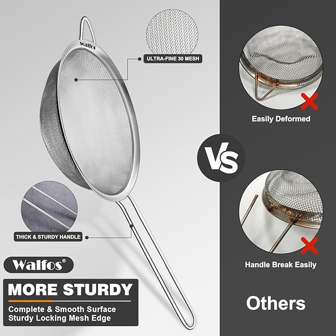 Walfos 4.7 Inch Fine Mesh Strainer, Premium Stainless Steel Colanders and Sifters, with Reinforced Frame and Sturdy Handle, Perfect for Sift, Strain, Drain and Rinse Vegetables, Pastas and Tea