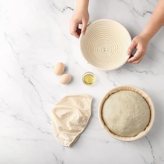 Banneton Bread Proofing Basket - Rattan Proofing Baskets for Sourdough Bread | Banneton Baskets Bowls with Linen Liners for Artisan Homemade Bread Baking (9 inch Basket Set of 2 with Baking Supplies)