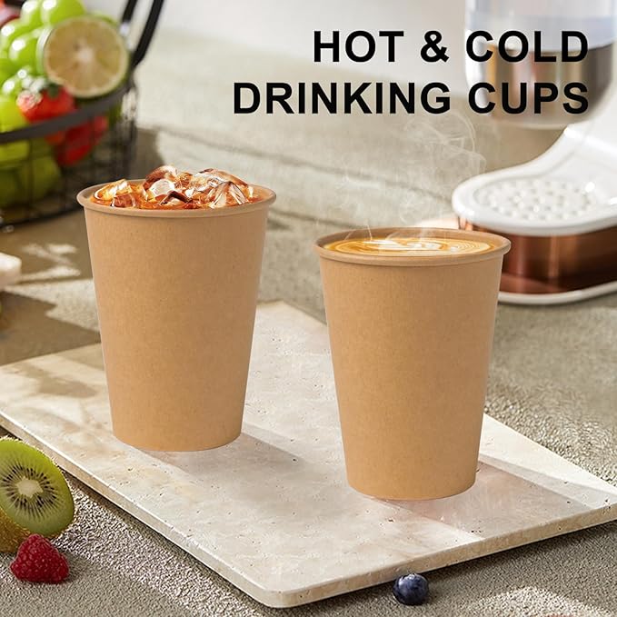 300 Pack 12 oz Kraft Paper Cups, Unbleached Disposable Paper Coffee Cups, Thickened Hot/Cold Beverage Drinking Cup for Party, Home, Cafes, Bistros, Businesses (Brown)