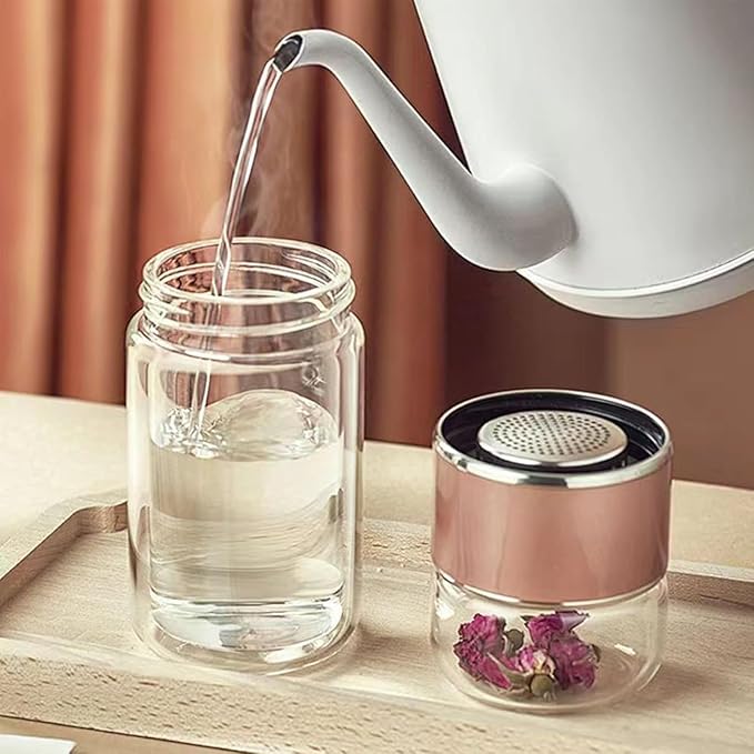 QUROXO 2025 New Tryteava Glass Infuser, Teava 3-In-1 Smart Tea Infuser with Cup Brush, Double-Layer Borosilicate Glass Tryteava Tea infusers Separation Cup (Pink, 350ml (12oz))