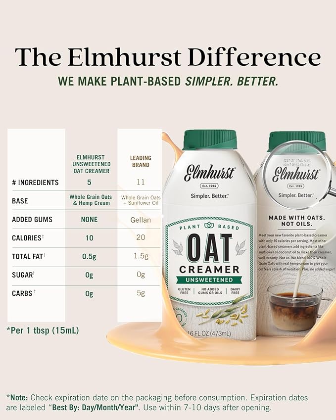 Elmhurst 1925 Unsweetened Oat Creamer - 16 Ounce (Pack of 6) Dairy-Free, Vegan, Kosher, No Sugar, Shelf Stable Creamer Made with Whole Grain Oats for Healthier, Simpler Plant Based Alternatives