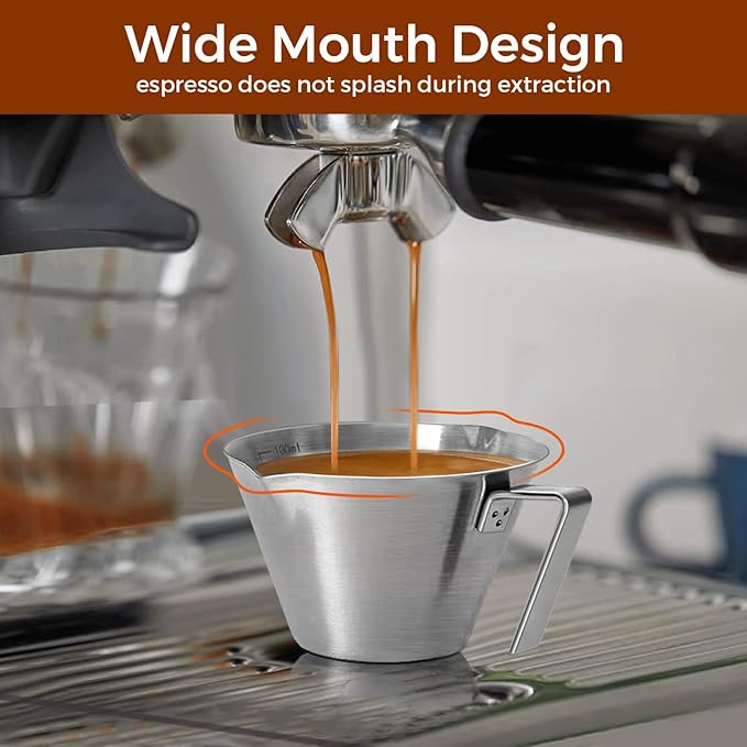 2 Pcs Espresso Cups with Handle, Stainless Steel Espresso Accessories, Double Spout Metal Measuring Cup with Dual Scale, Espresso Shot Cup with V-Shaped Mouth, 3.4OZ/100ML(Silver)