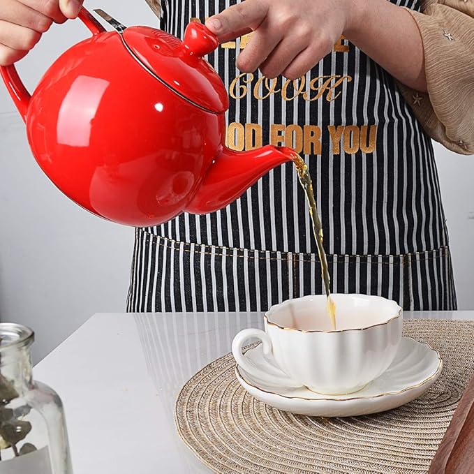 Sweejar Porcelain Teapot with Removable Stainless Steel Infuser,Microwave & Dishwasher Safe Tea Pots for Loose Tea,Tea Infuser Pots for Chrismas Women Gift (30oz Red)