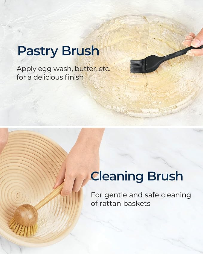 Banneton Bread Proofing Basket Set of 2 (10" Round & Oval Rattan) - Sourdough Bread Baking Supplies with Exclusive Bakers Couche, Dough Whisk, Dough Scraper, Bread Lame & Sourdough Starter Kit